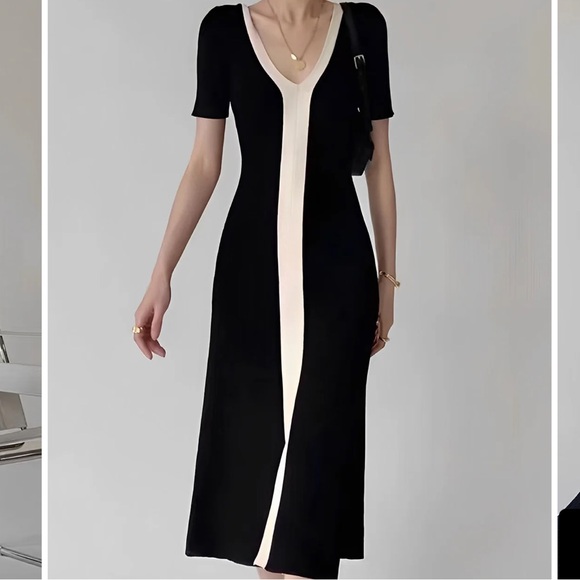 Commense NWT Two Tone V-Neck Knit Slit Midi Dress Black and Cream Dress size XS - Picture 5 of 7